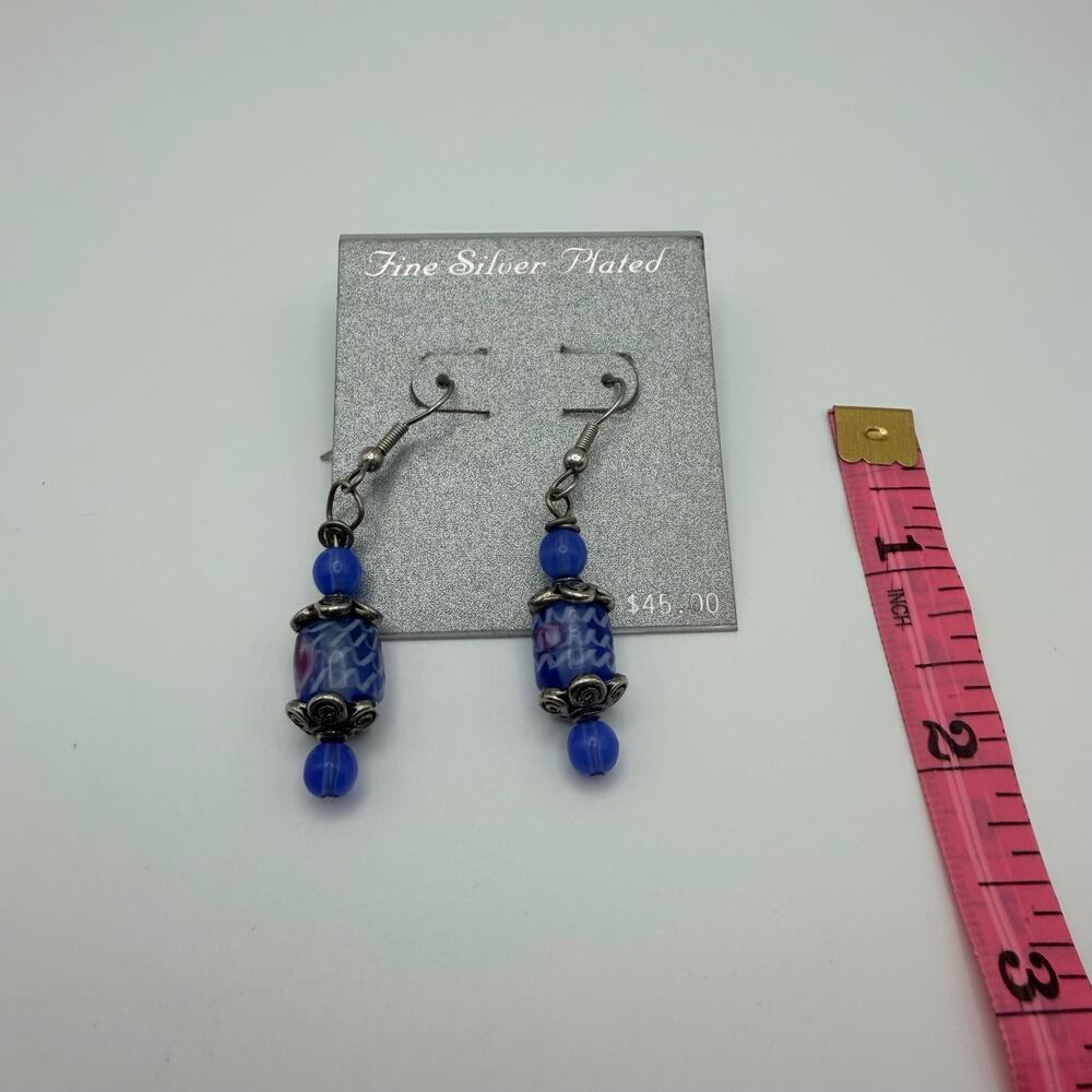 Blue Beaded Drop Earrings Silver Plated Dangle Boho - Picture 2 of 3